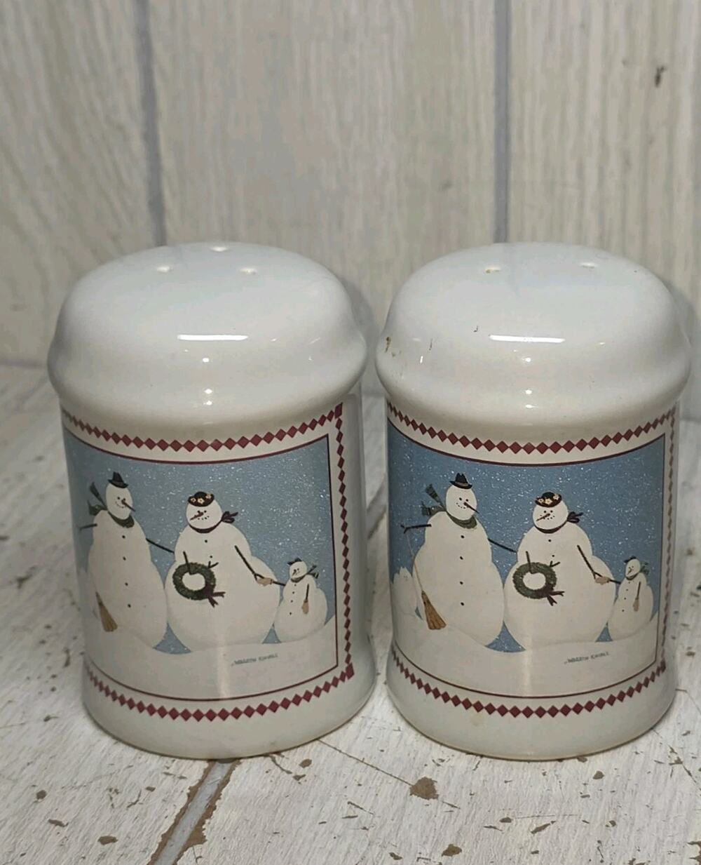 Vintage Christmas Set of 1996 Warren Kimble Enesco Snowman Salt & Pepper Shakers
